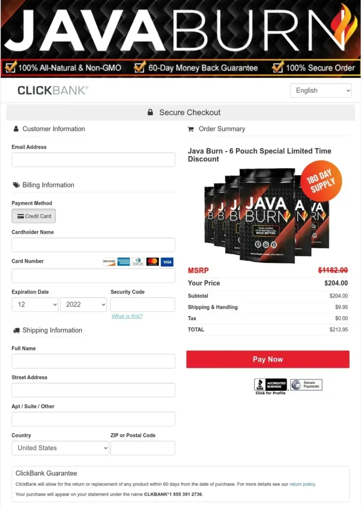Java Burn checkout page